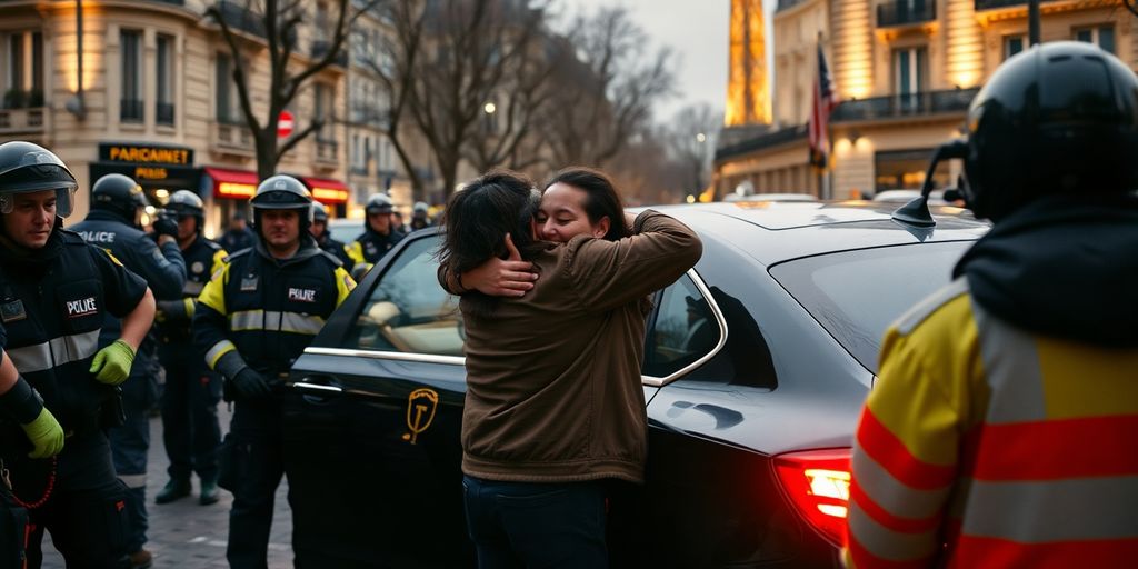Police rescue operation scene in Paris with family reunion.