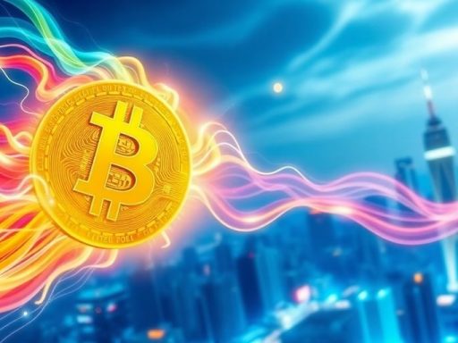 Bitcoin symbol with energy waves and futuristic city skyline.