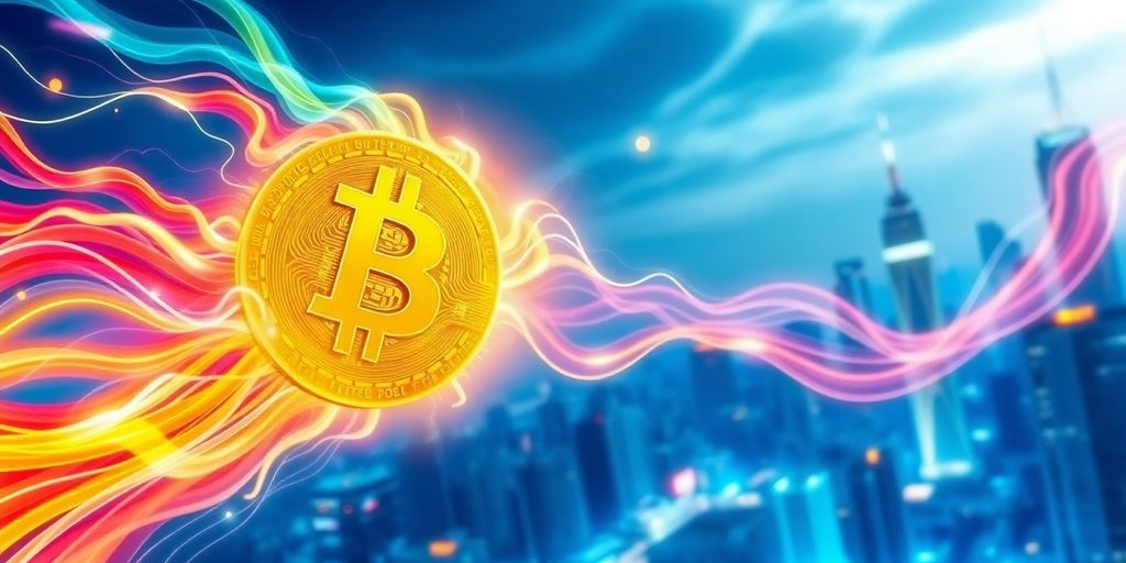 Bitcoin symbol with energy waves and futuristic city skyline.