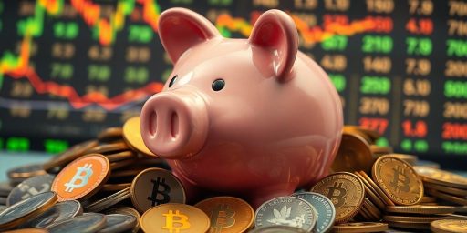 Damaged piggy bank with scattered cryptocurrency coins.