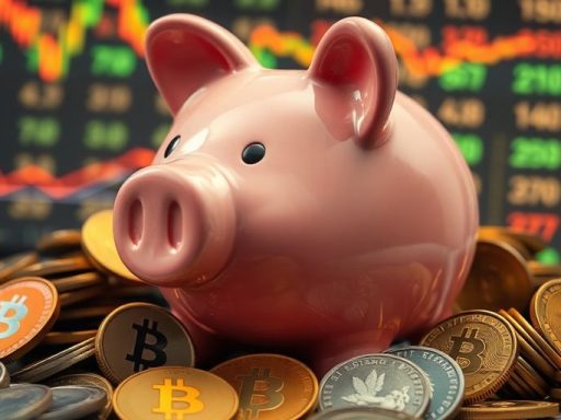 Damaged piggy bank with scattered cryptocurrency coins.