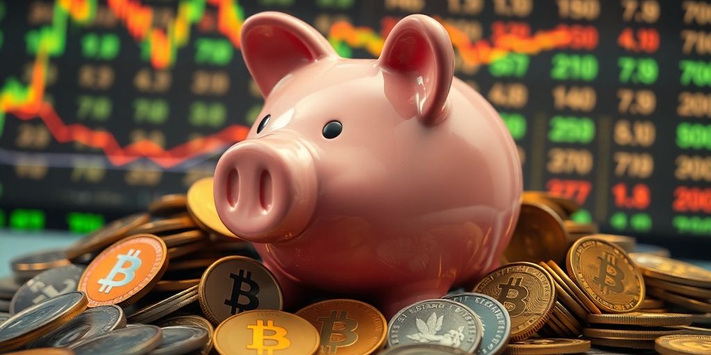 Damaged piggy bank with scattered cryptocurrency coins.