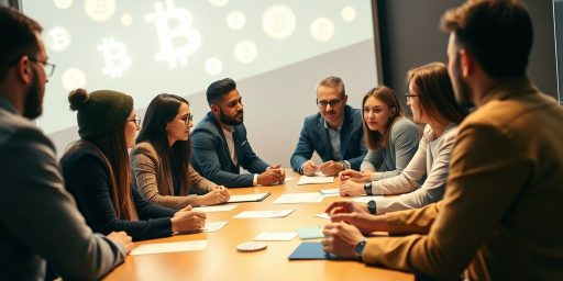 Diverse group discussing cryptocurrency regulation around a table.