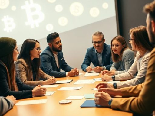 Diverse group discussing cryptocurrency regulation around a table.