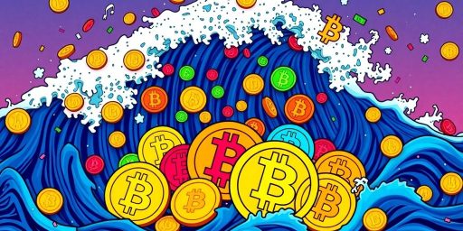 Colorful meme coins with Bitcoin symbols in dynamic background.