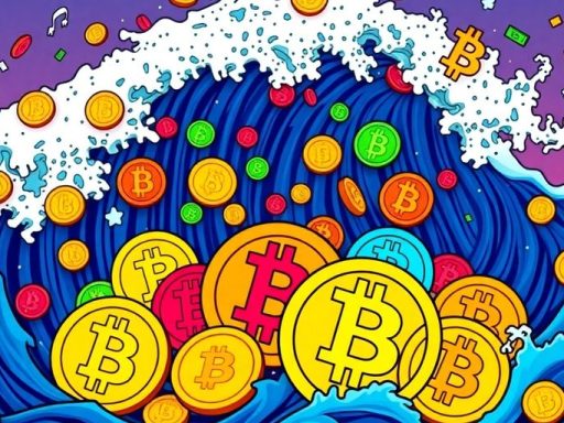 Colorful meme coins with Bitcoin symbols in dynamic background.