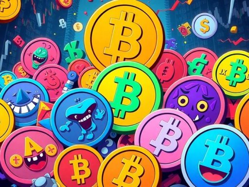 Colorful memecoins and altcoins in a chaotic scene.