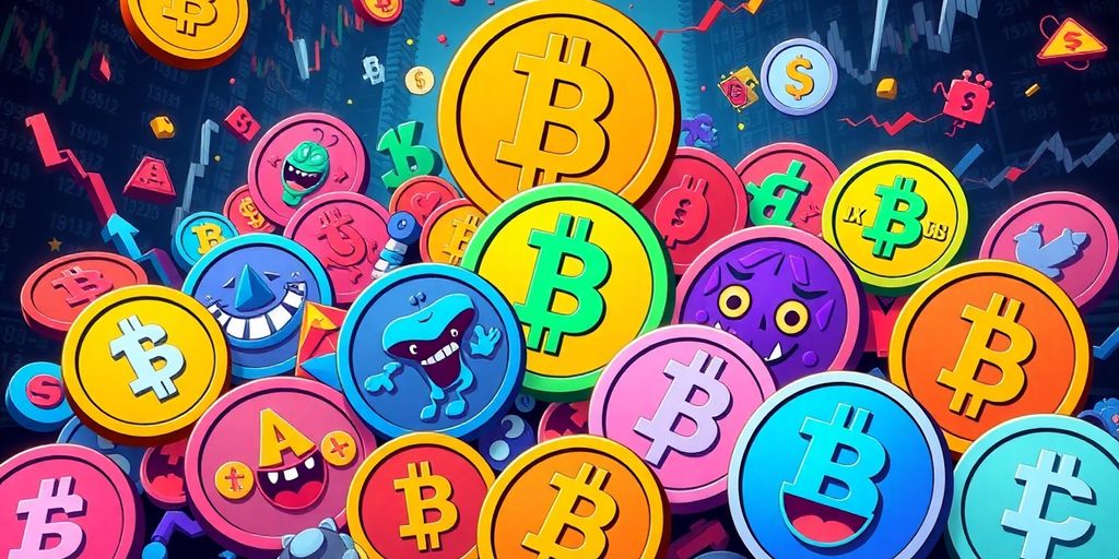 Colorful memecoins and altcoins in a chaotic scene.