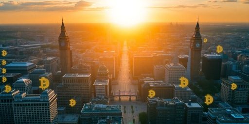 London skyline with cryptocurrency symbols overlaying the scene.