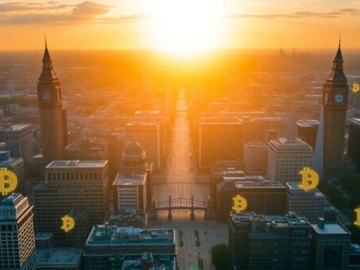 London skyline with cryptocurrency symbols overlaying the scene.