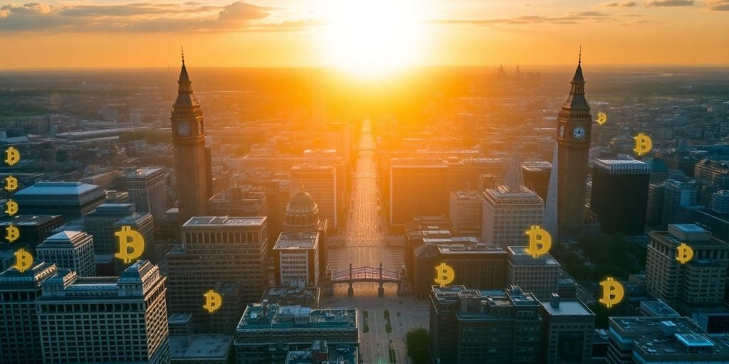 London skyline with cryptocurrency symbols overlaying the scene.