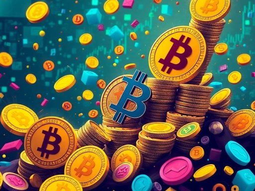Bitcoin coins rising above chaotic memecoins in motion.