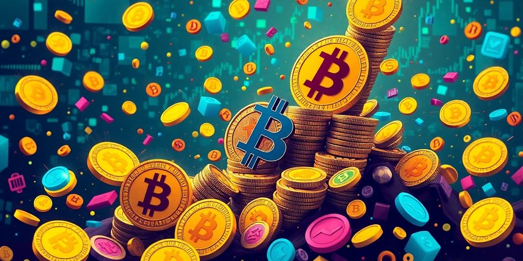 Bitcoin coins rising above chaotic memecoins in motion.