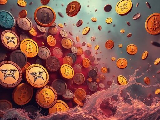 Dramatic illustration of falling altcoins and memecoins.