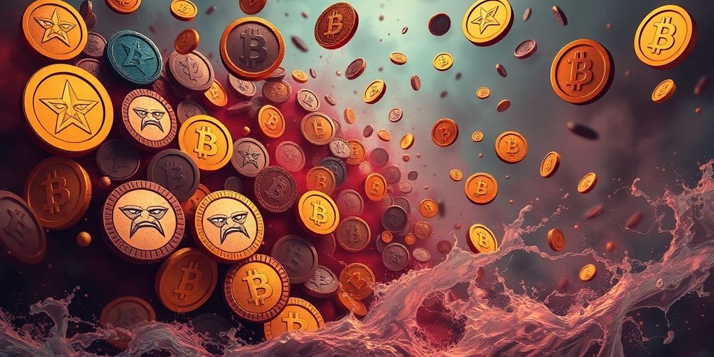 Dramatic illustration of falling altcoins and memecoins.