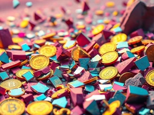 Crumbling crypto tokens on a digital landscape.