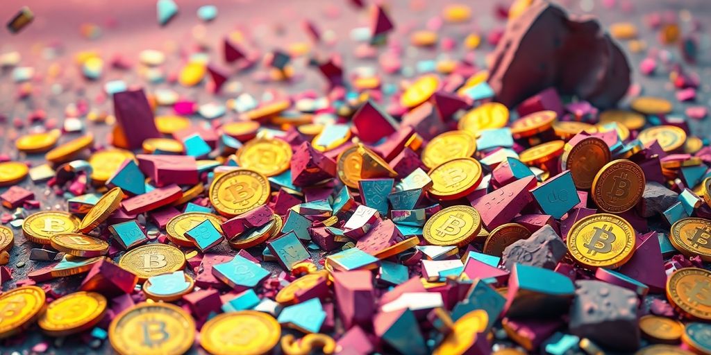 Crumbling crypto tokens on a digital landscape.
