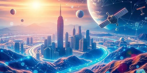 Futuristic city and satellite imagery representing crypto innovation.