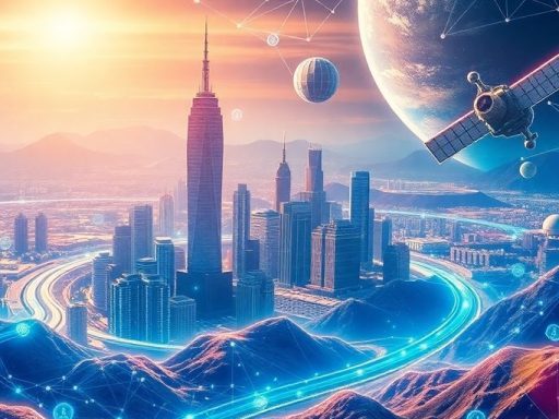 Futuristic city and satellite imagery representing crypto innovation.