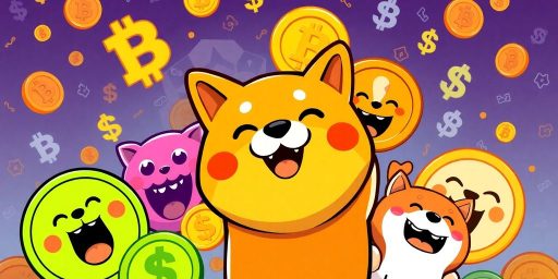 Colorful meme coins with cheerful expressions and digital symbols.