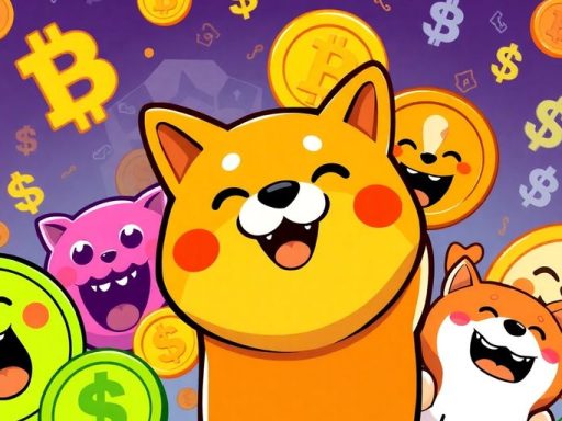 Colorful meme coins with cheerful expressions and digital symbols.