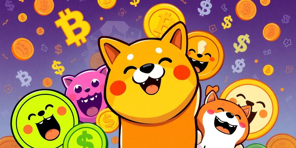 Colorful meme coins with cheerful expressions and digital symbols.