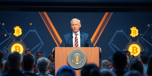 Vice President Vance speaking at Bitcoin conference podium.