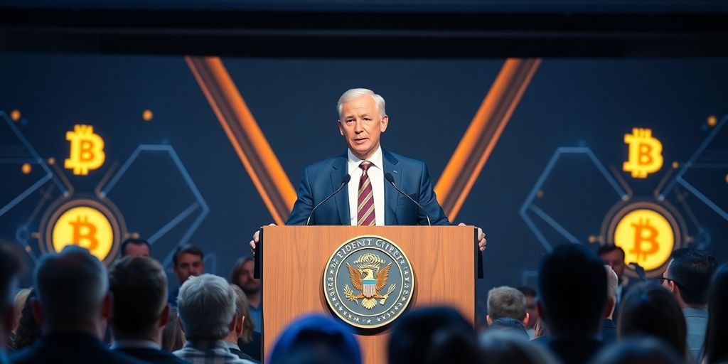 Vice President Vance speaking at Bitcoin conference podium.