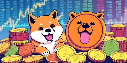 Vibrant illustration of memecoins like Shiba Inu and Doge.