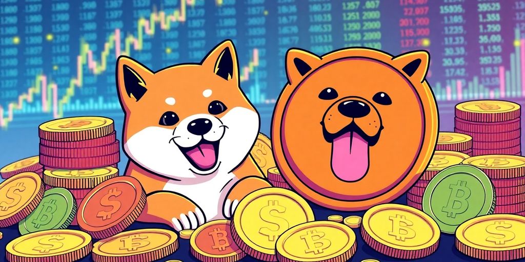 Vibrant illustration of memecoins like Shiba Inu and Doge.