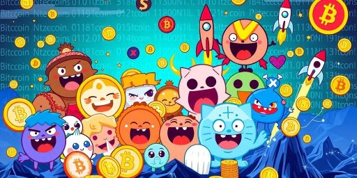 Colorful memecoins and altcoins in a digital landscape.