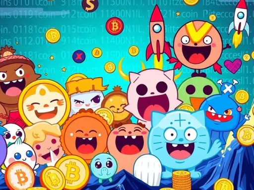 Colorful memecoins and altcoins in a digital landscape.