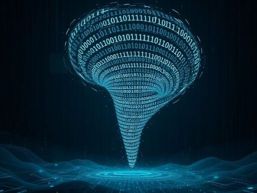 Dark digital tornado representing cryptocurrency privacy tools.