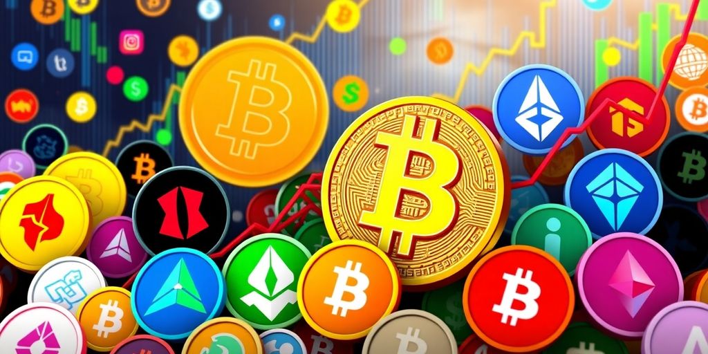 Colorful altcoin logos with Bitcoin in the background.