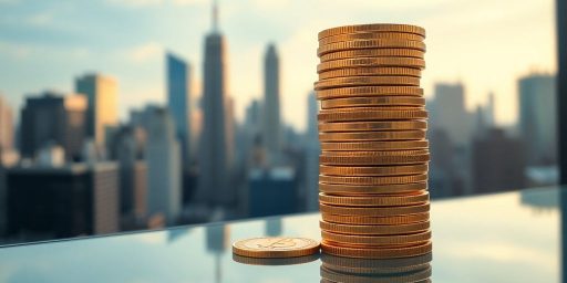 Golden Bitcoin coins with a city skyline background.