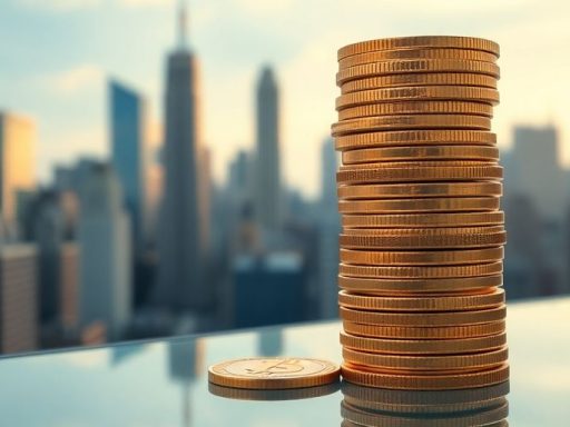 Golden Bitcoin coins with a city skyline background.