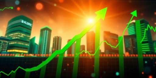Stock market surge symbolized by upward arrows and energy.