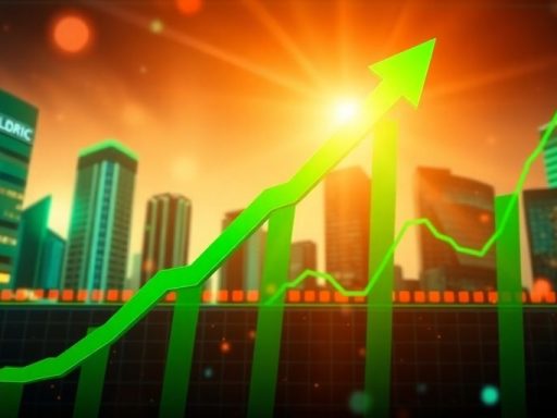Stock market surge symbolized by upward arrows and energy.