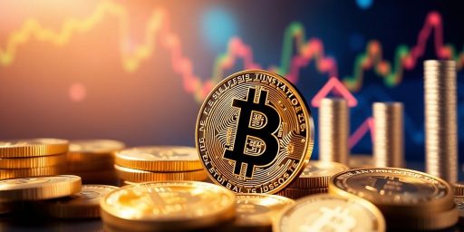 Image of Bitcoin coins with financial growth elements.