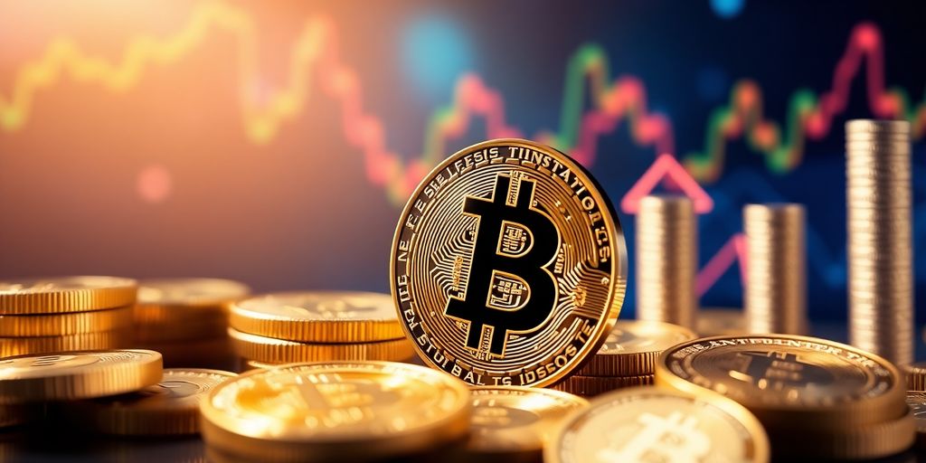 Image of Bitcoin coins with financial growth elements.