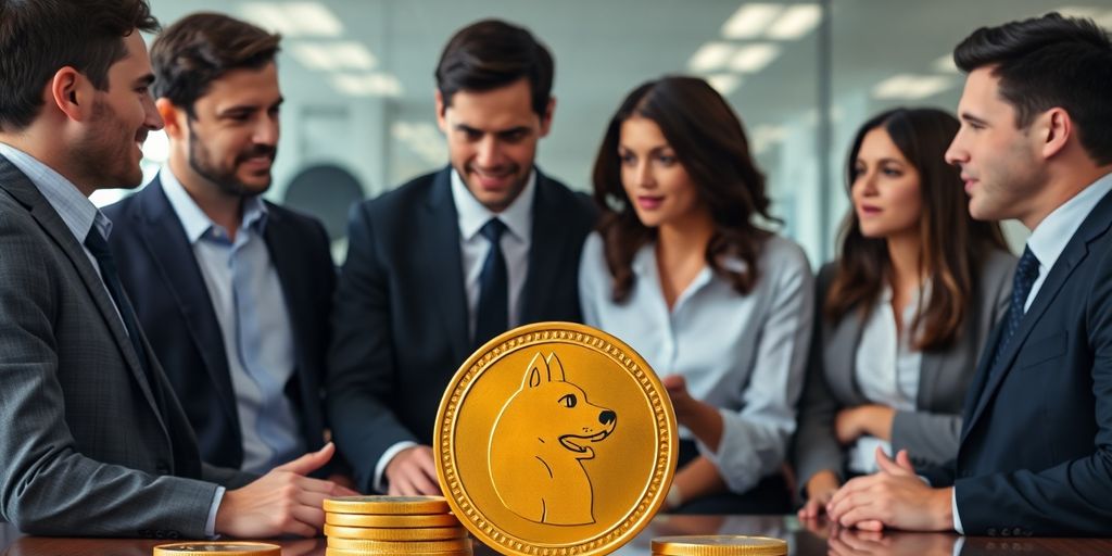 Business team discussing cryptocurrency in an office setting.