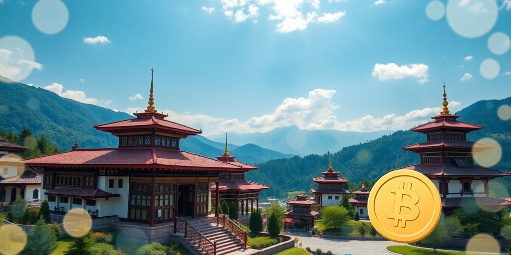 Bhutan's landscape with digital currency elements integrated.