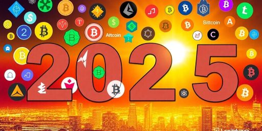 Colorful altcoin logos with a futuristic city skyline background.