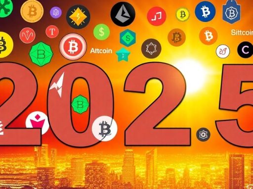 Colorful altcoin logos with a futuristic city skyline background.