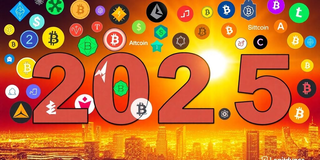 Colorful altcoin logos with a futuristic city skyline background.