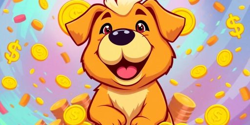 Cartoon dog with coins, symbolizing cryptocurrency excitement.