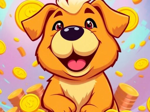Cartoon dog with coins, symbolizing cryptocurrency excitement.