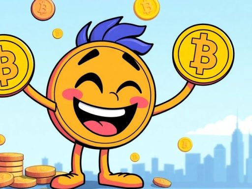 Playful memecoin character with colorful coins in background.