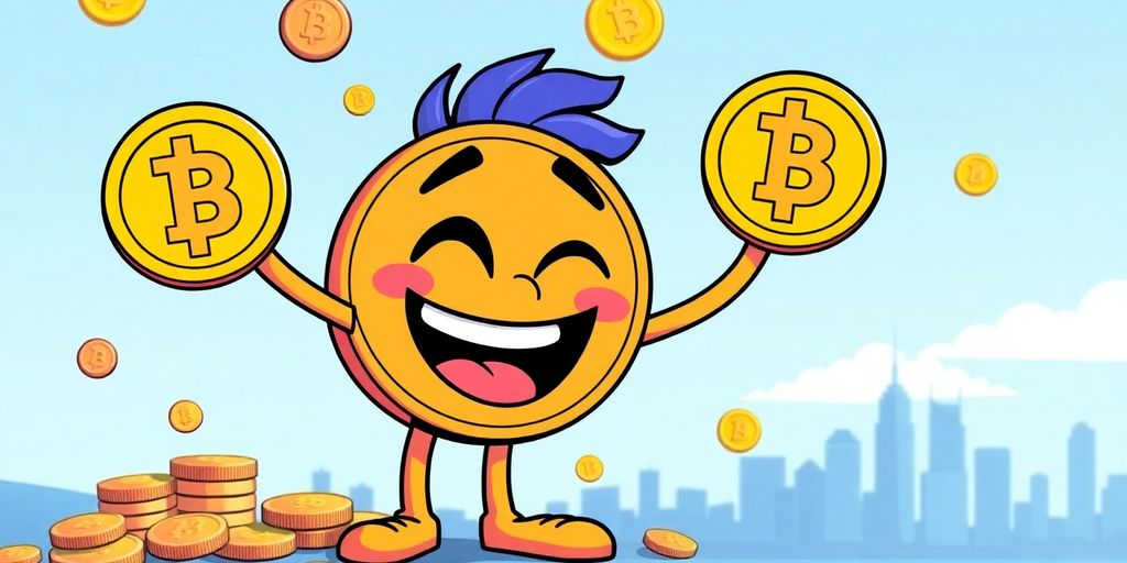 Playful memecoin character with colorful coins in background.