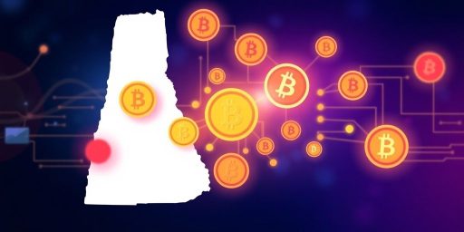 New Hampshire outline with digital currency symbols overlay.
